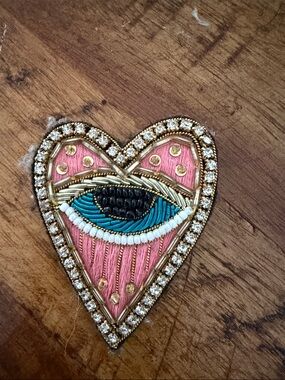 Heart Eye Beaded Brooch - Pink, Turquoise & Gold